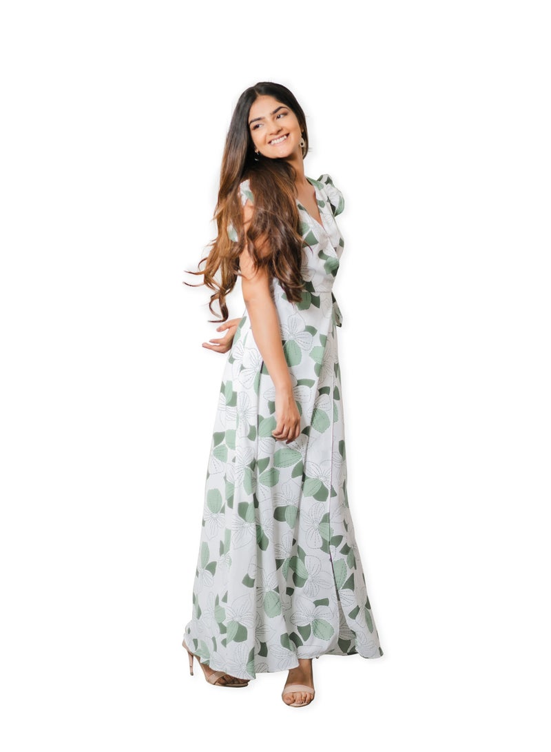 Floral V Neck Maxi Dress Green