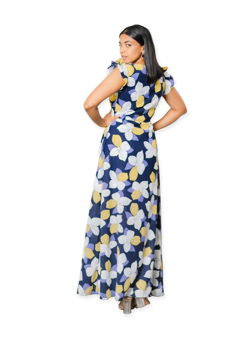 Floral V Neck Maxi Dress Blue