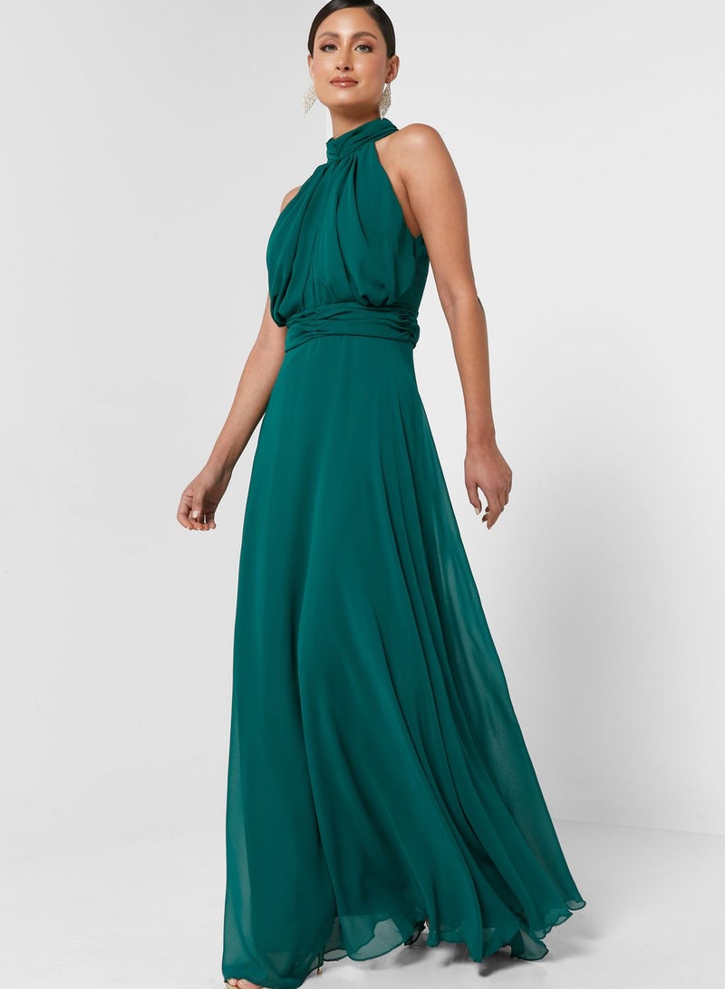 Halter Neck Chiffon Dress Green