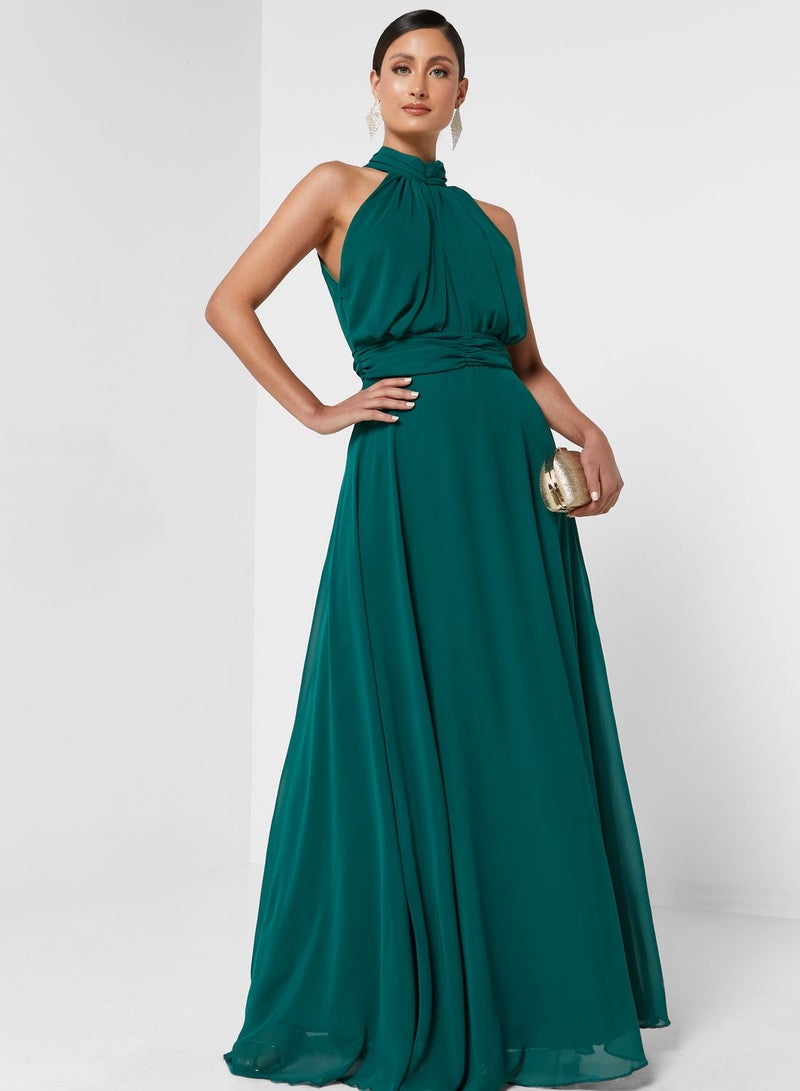 Halter Neck Chiffon Dress Green