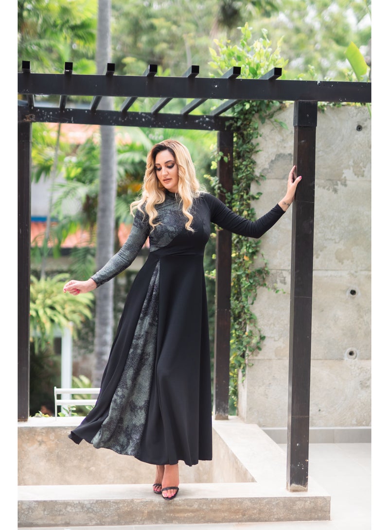 Shimmering Lady  Long Sleeve Two Toned Fit and Flared Dress