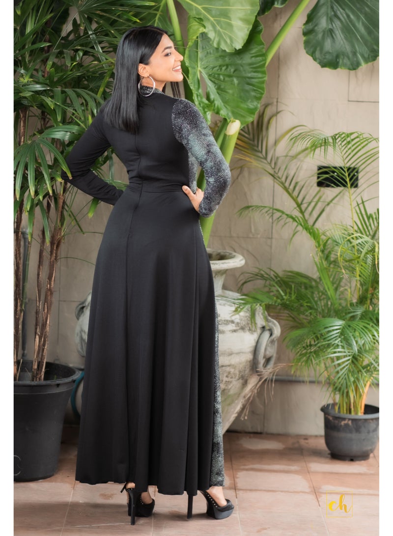 Shimmering Lady  Long Sleeve Two Toned Fit and Flared Dress