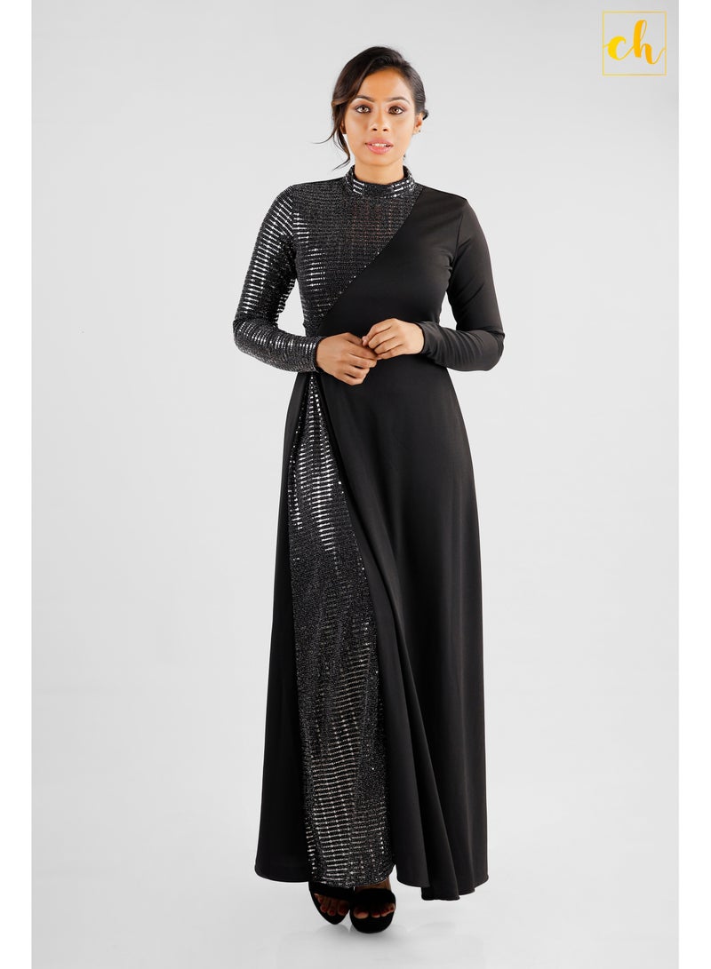 Shimmering Lady  Long Sleeve Two Toned Flared Dress