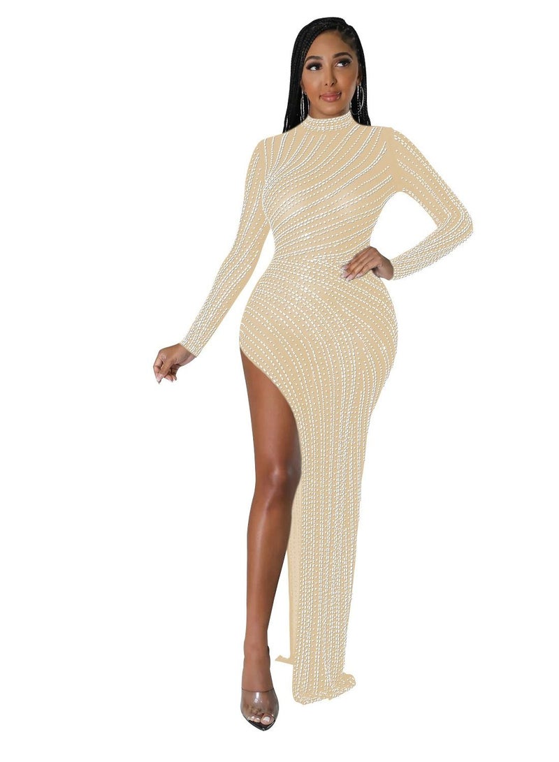 Women's Fashion High Slit Solid Color Gauze Hot Drill Dress