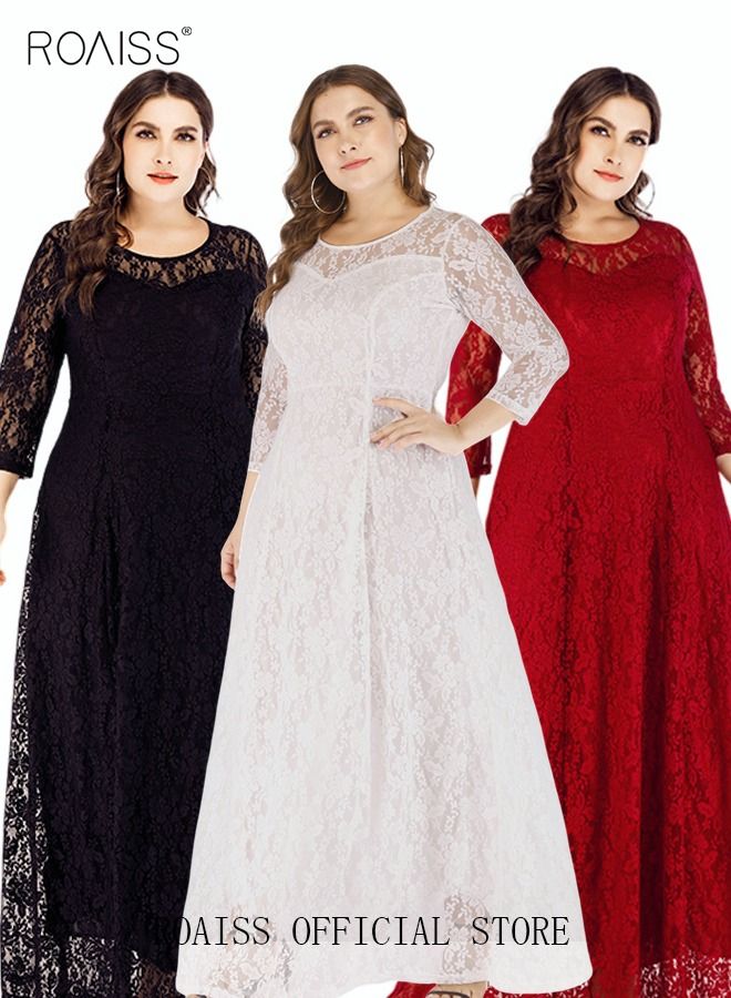 Women's Plus Size Lace Dress for Wedding Party Dating Solid Color Midi Long Loose Dress Transparent three quarter Sleeve Boat Neck Large Hem Elegant Evening Dresses Black