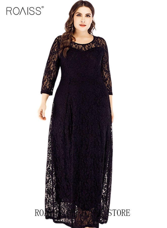 Women's Plus Size Lace Dress for Wedding Party Dating Solid Color Midi Long Loose Dress Transparent three quarter Sleeve Boat Neck Large Hem Elegant Evening Dresses Black