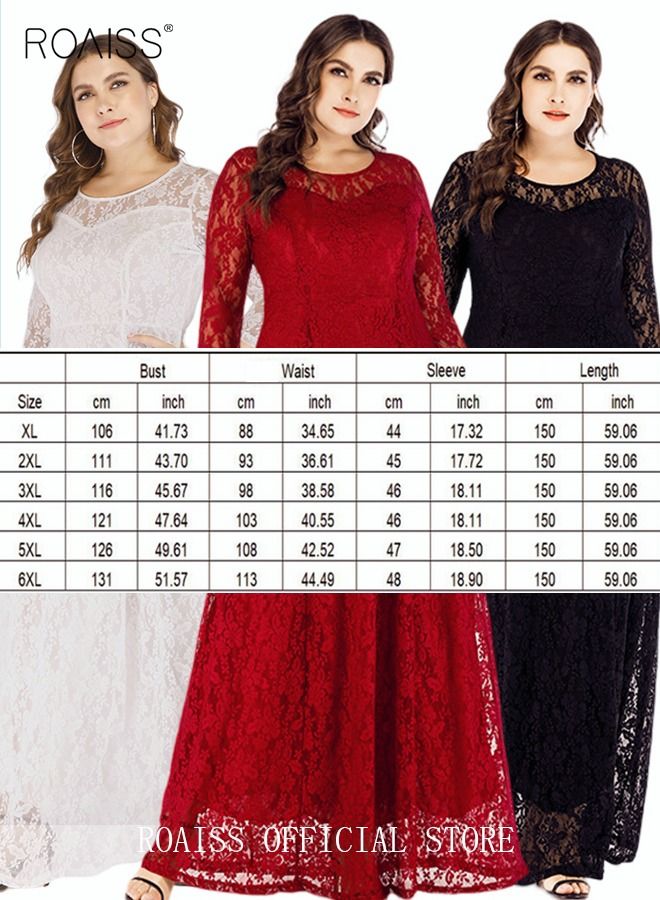 Women's Plus Size Lace Dress for Wedding Party Dating Solid Color Midi Long Loose Dress Transparent three quarter Sleeve Boat Neck Large Hem Elegant Evening Dresses Black