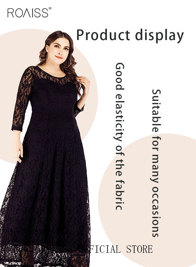 Women's Plus Size Lace Dress for Wedding Party Dating Solid Color Midi Long Loose Dress Transparent three quarter Sleeve Boat Neck Large Hem Elegant Evening Dresses Black