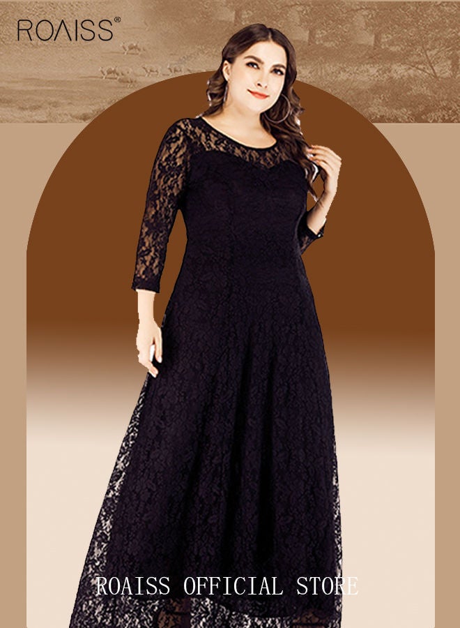 Women's Plus Size Lace Dress for Wedding Party Dating Solid Color Midi Long Loose Dress Transparent three quarter Sleeve Boat Neck Large Hem Elegant Evening Dresses Black