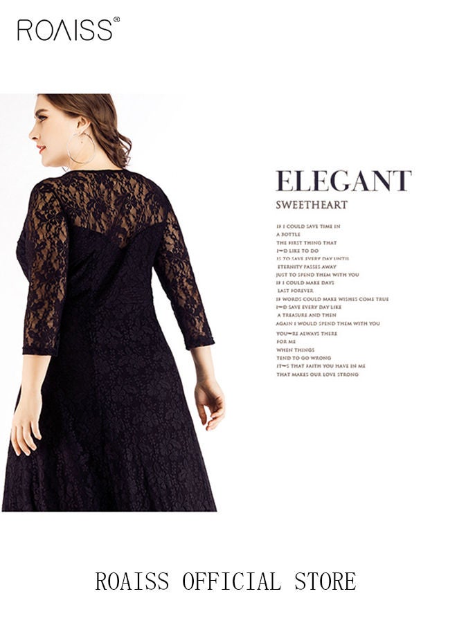 Women's Plus Size Lace Dress for Wedding Party Dating Solid Color Midi Long Loose Dress Transparent three quarter Sleeve Boat Neck Large Hem Elegant Evening Dresses Black