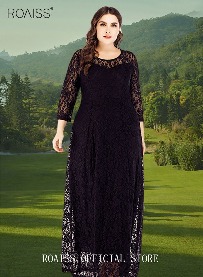 Women's Plus Size Lace Dress for Wedding Party Dating Solid Color Midi Long Loose Dress Transparent three quarter Sleeve Boat Neck Large Hem Elegant Evening Dresses Black