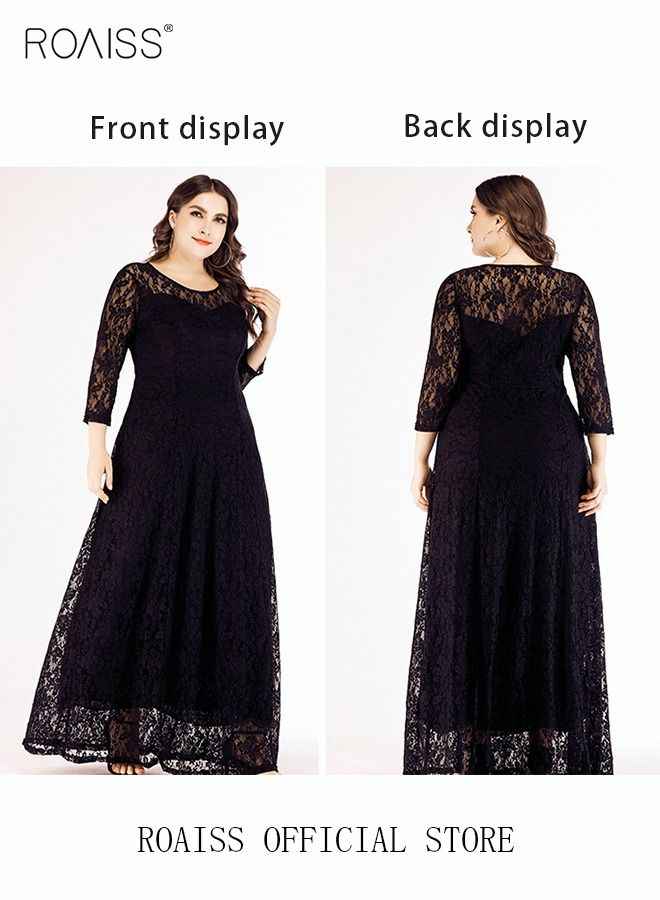 Women's Plus Size Lace Dress for Wedding Party Dating Solid Color Midi Long Loose Dress Transparent three quarter Sleeve Boat Neck Large Hem Elegant Evening Dresses Black