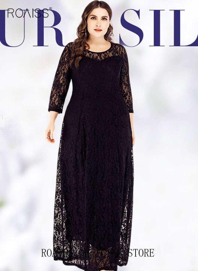 Women's Plus Size Lace Dress for Wedding Party Dating Solid Color Midi Long Loose Dress Transparent three quarter Sleeve Boat Neck Large Hem Elegant Evening Dresses Black