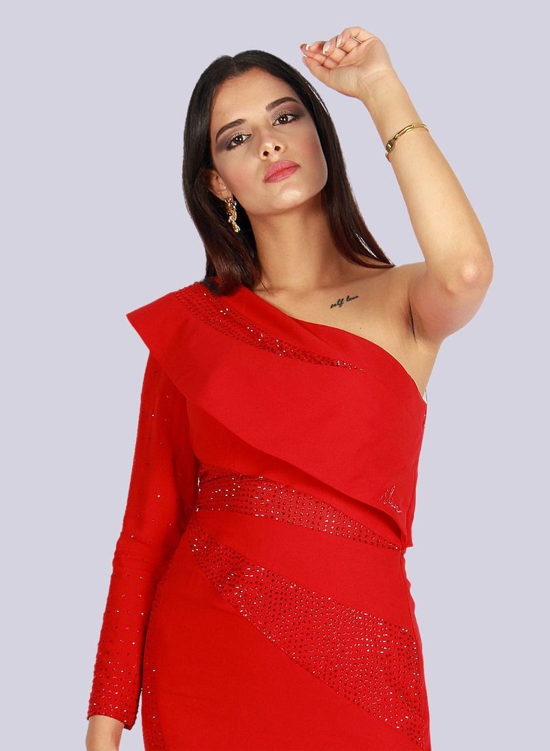 Spellbound Crystal Power Shoulder Asymmetric Gown