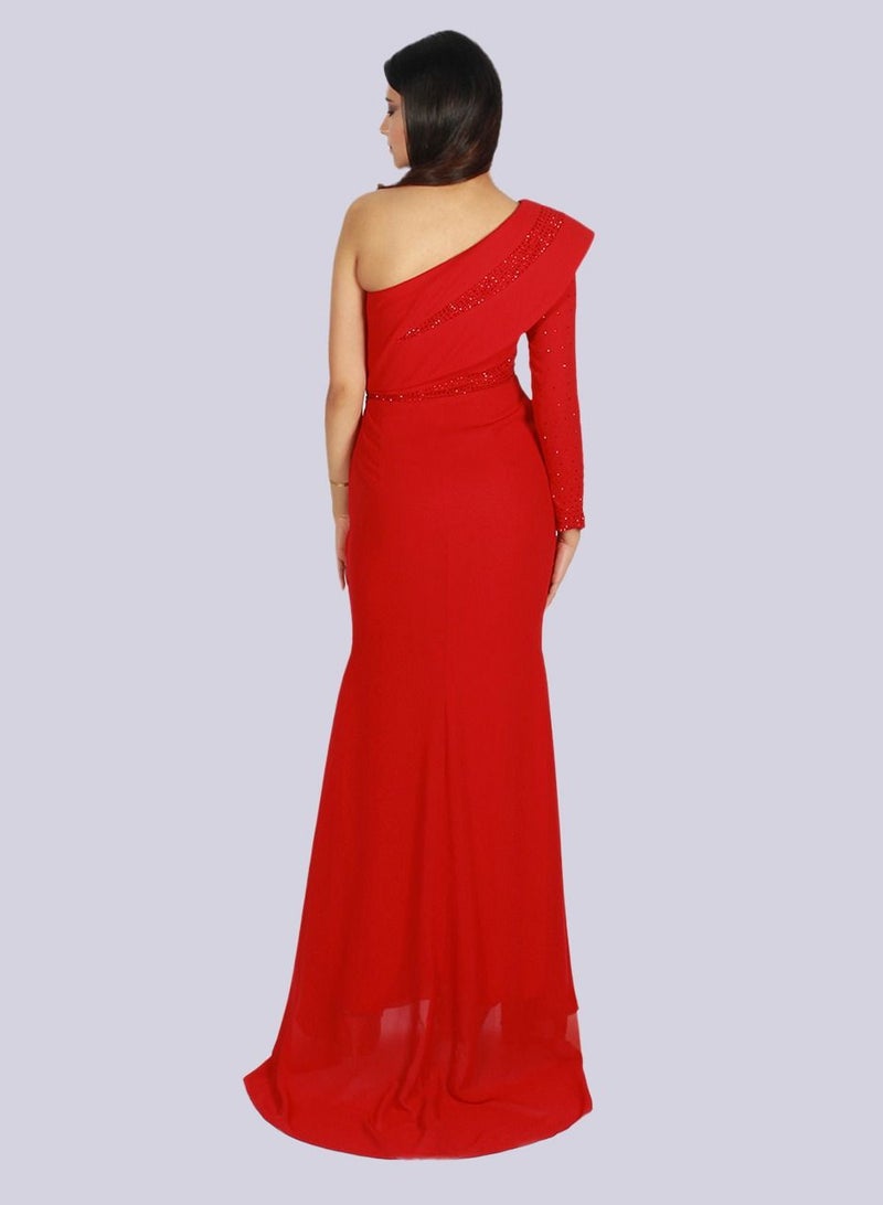 Spellbound Crystal Power Shoulder Asymmetric Gown