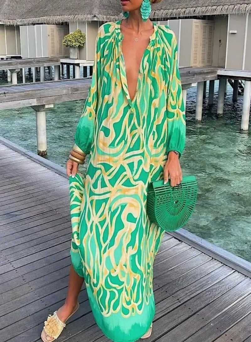 Women Vintage Maxi Dresses 2023 Summer Deep V-Neck Long Sleeve Boho Print Long Dresses