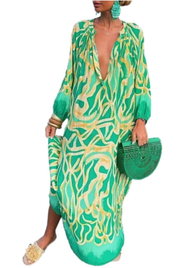 Women Vintage Maxi Dresses 2023 Summer Deep V-Neck Long Sleeve Boho Print Long Dresses