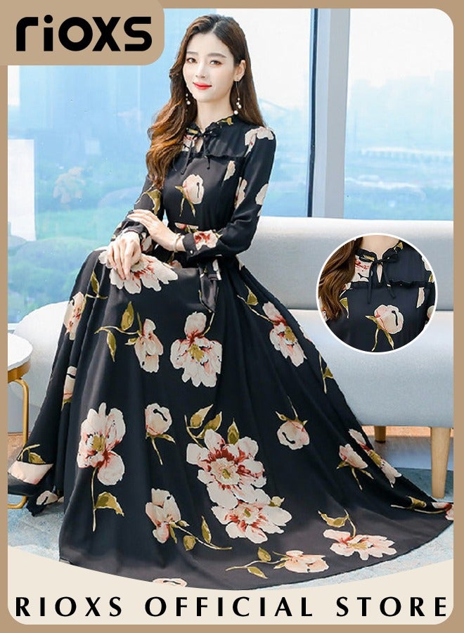 Women's Floral Maxi Dress, Classic Pleated Long Sleeve Dress with Beautiful Floral Print and Waist Self-tie, Elegant A-Line Boho Dress for Ladies, Perfect Dress for Casual, Wedding, Party and Daily Life