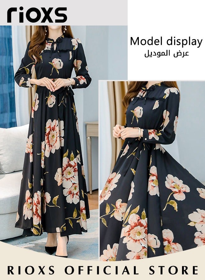 Women's Floral Maxi Dress, Classic Pleated Long Sleeve Dress with Beautiful Floral Print and Waist Self-tie, Elegant A-Line Boho Dress for Ladies, Perfect Dress for Casual, Wedding, Party and Daily Life