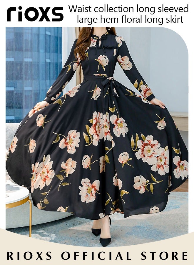 Women's Floral Maxi Dress, Classic Pleated Long Sleeve Dress with Beautiful Floral Print and Waist Self-tie, Elegant A-Line Boho Dress for Ladies, Perfect Dress for Casual, Wedding, Party and Daily Life