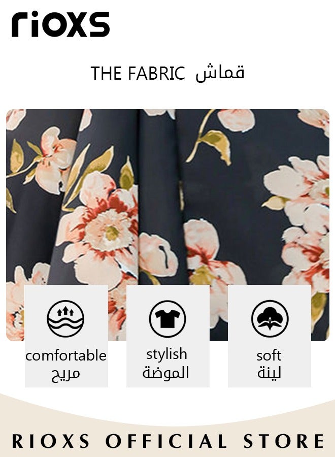Women's Floral Maxi Dress, Classic Pleated Long Sleeve Dress with Beautiful Floral Print and Waist Self-tie, Elegant A-Line Boho Dress for Ladies, Perfect Dress for Casual, Wedding, Party and Daily Life