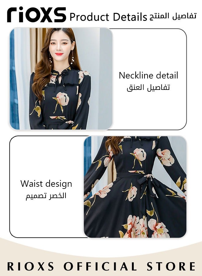 Women's Floral Maxi Dress, Classic Pleated Long Sleeve Dress with Beautiful Floral Print and Waist Self-tie, Elegant A-Line Boho Dress for Ladies, Perfect Dress for Casual, Wedding, Party and Daily Life