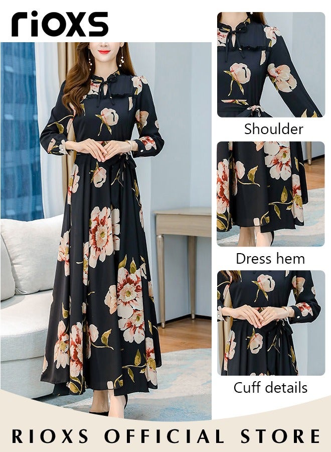 Women's Floral Maxi Dress, Classic Pleated Long Sleeve Dress with Beautiful Floral Print and Waist Self-tie, Elegant A-Line Boho Dress for Ladies, Perfect Dress for Casual, Wedding, Party and Daily Life