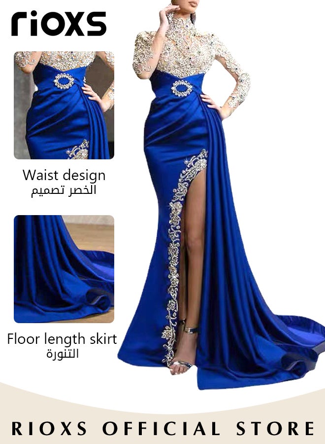 Women's Glitter Stitching Sliming Grown Half High Collar High Split Floor Length Prom Dress for Fashion Party