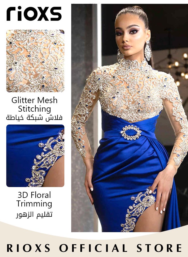 Women's Glitter Stitching Sliming Grown Half High Collar High Split Floor Length Prom Dress for Fashion Party