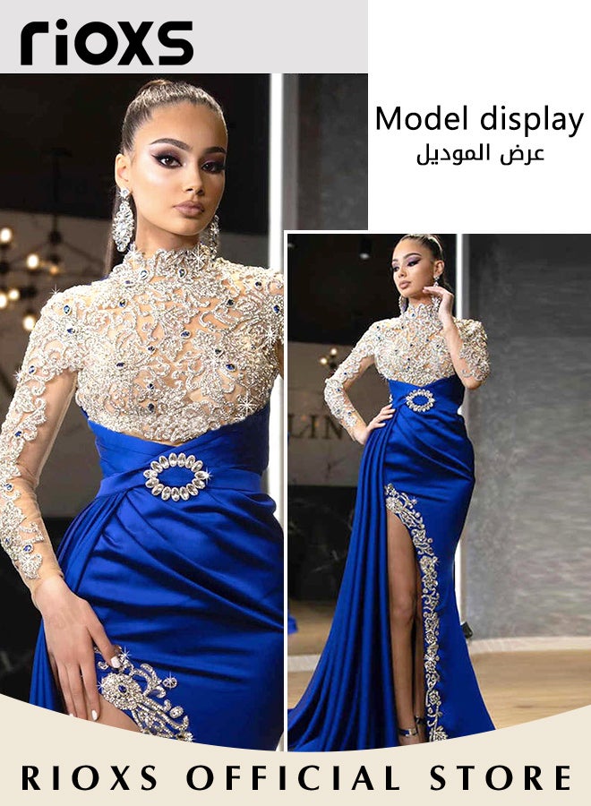 Women's Glitter Stitching Sliming Grown Half High Collar High Split Floor Length Prom Dress for Fashion Party