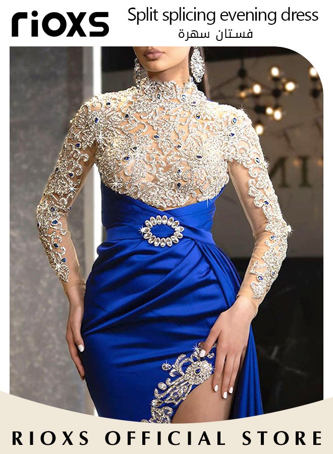 Women's Glitter Stitching Sliming Grown Half High Collar High Split Floor Length Prom Dress for Fashion Party