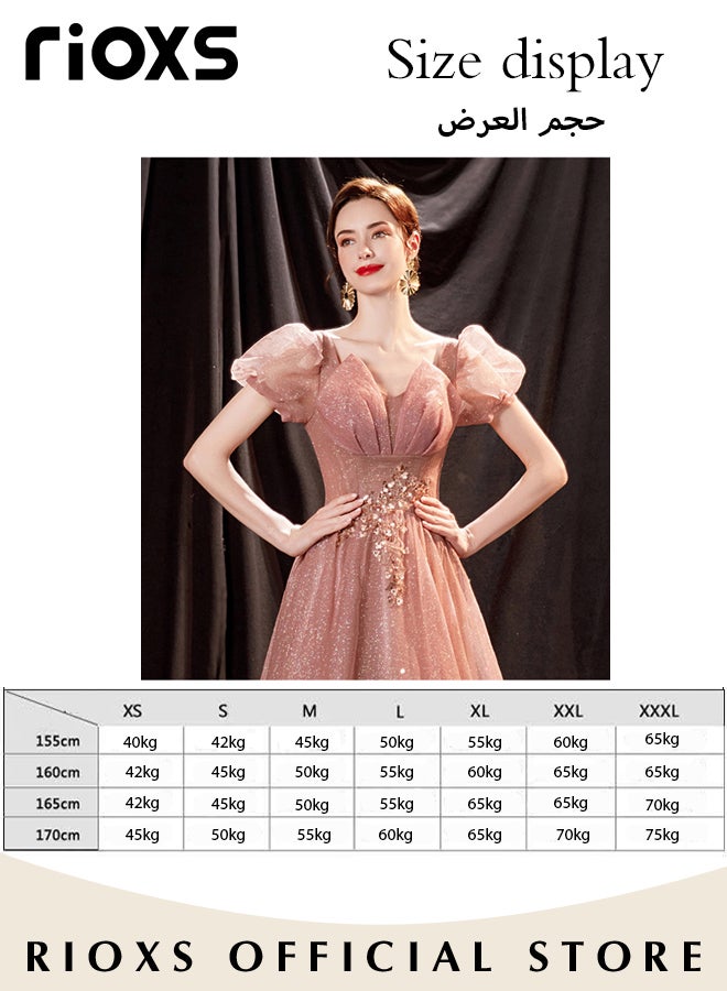 Women's Elegant Ball Gown Luxury Crystal Formal Dresse Rose Pink Evening Long Dress of 105cm/41.3inch For Wedding & Birthday Party & Official Occasions