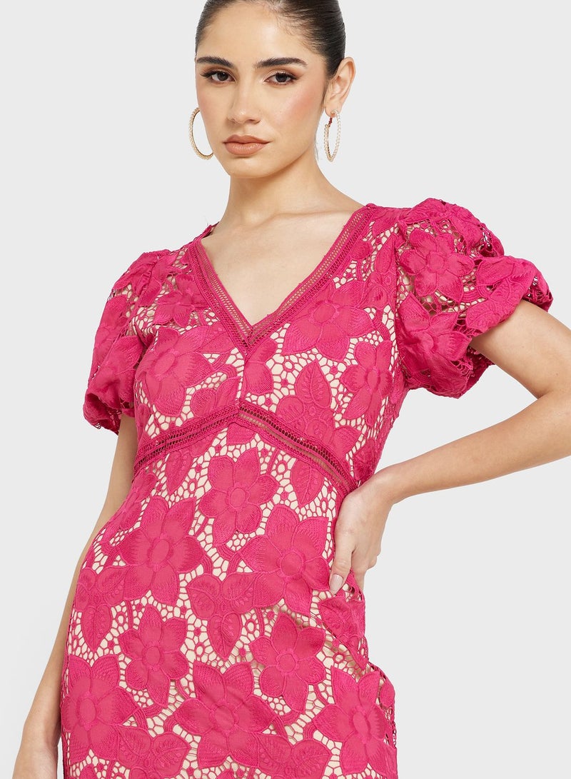 V-Neck Floral Lace Detail Dress