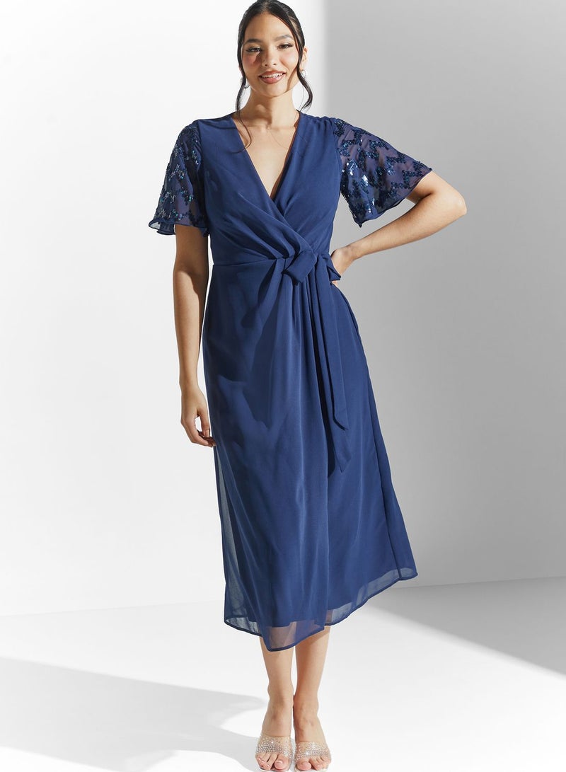 Surplice Neck Embellished Sleeve Dress