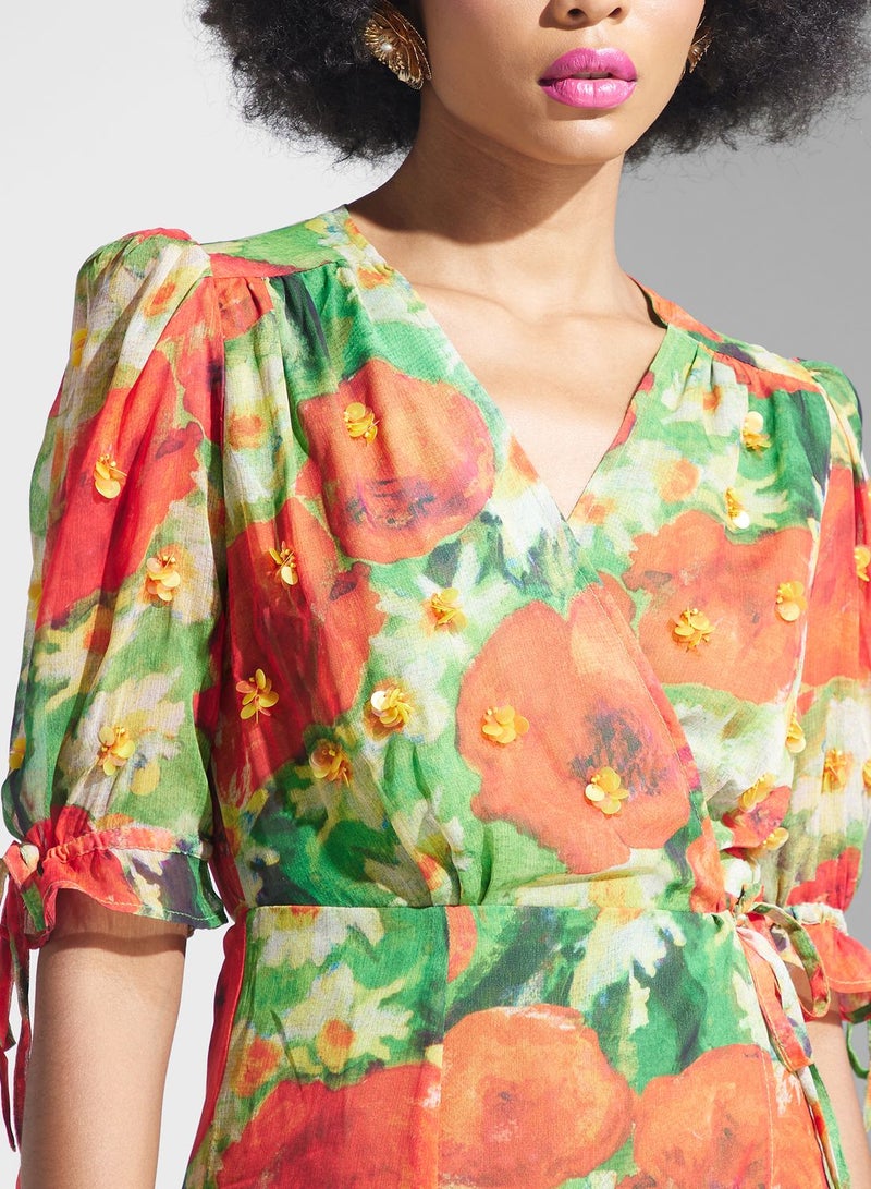 Tie Waist Floral Wrap Dress