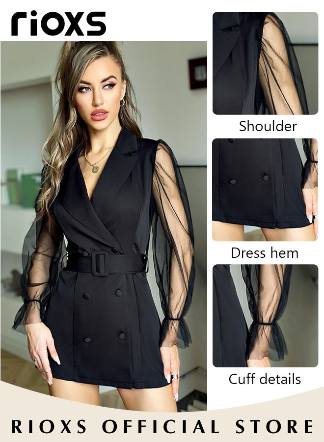 Women's Double-breasted Formal Dress with Mesh Puff Sleeves and Belt, Long Sleeve Blazer Dress, Fashionable A-line Dress with Elegant Chic Style, Suitable for All Daily Wear and Formal Occasions