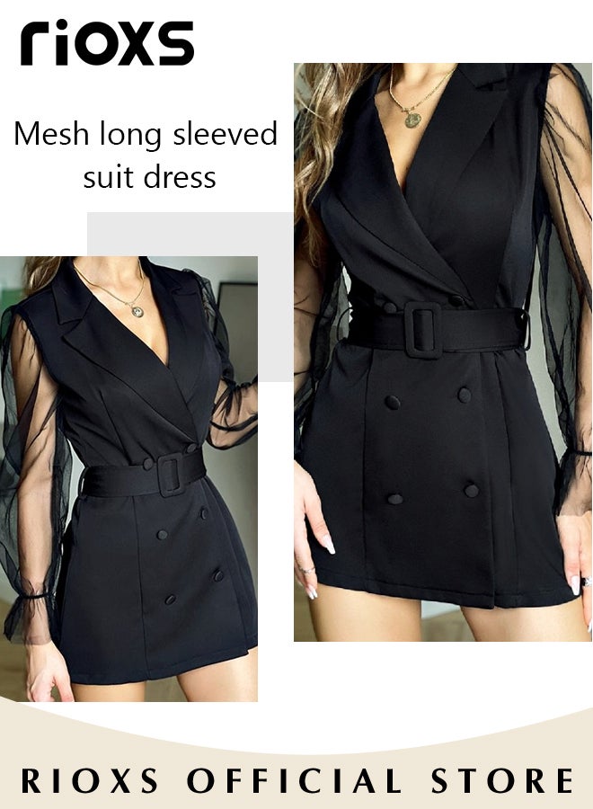 Women's Double-breasted Formal Dress with Mesh Puff Sleeves and Belt, Long Sleeve Blazer Dress, Fashionable A-line Dress with Elegant Chic Style, Suitable for All Daily Wear and Formal Occasions