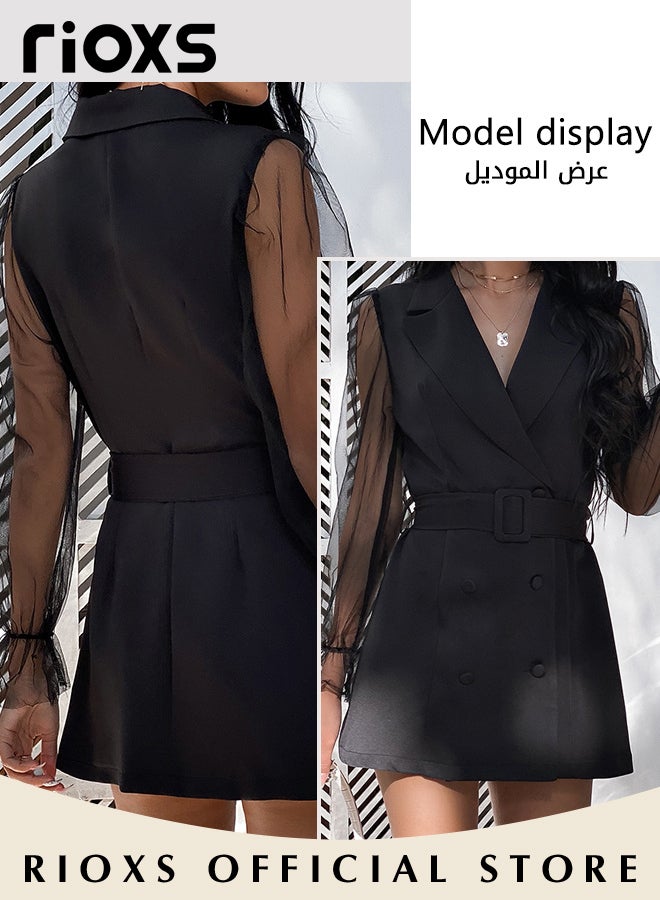 Women's Double-breasted Formal Dress with Mesh Puff Sleeves and Belt, Long Sleeve Blazer Dress, Fashionable A-line Dress with Elegant Chic Style, Suitable for All Daily Wear and Formal Occasions