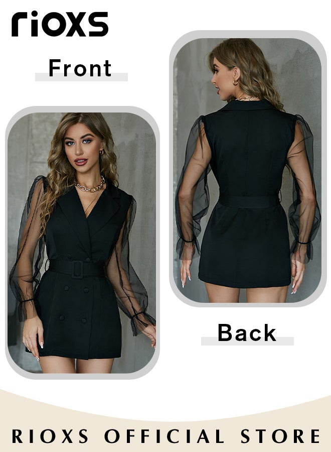 Women's Double-breasted Formal Dress with Mesh Puff Sleeves and Belt, Long Sleeve Blazer Dress, Fashionable A-line Dress with Elegant Chic Style, Suitable for All Daily Wear and Formal Occasions