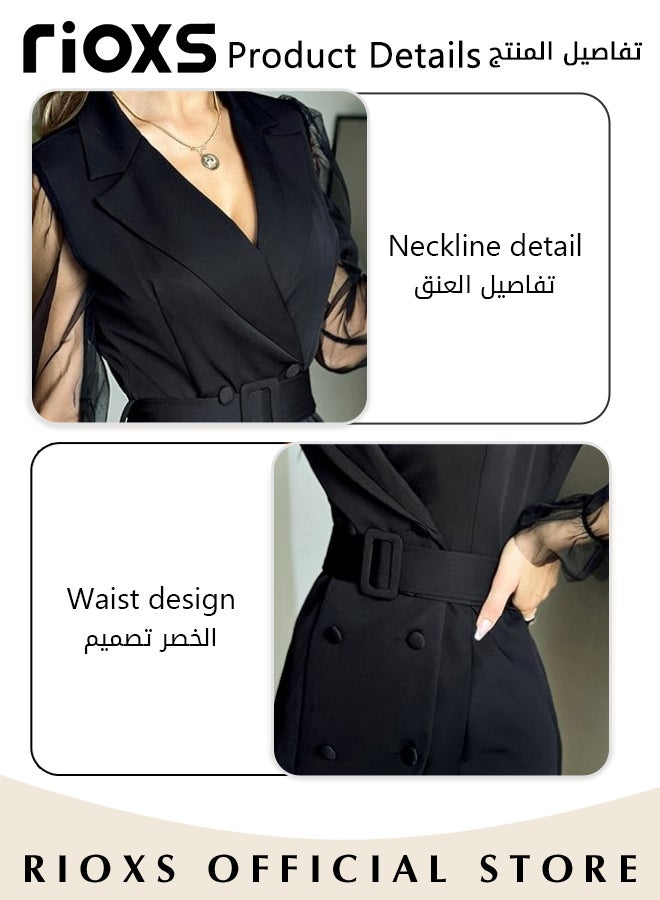 Women's Double-breasted Formal Dress with Mesh Puff Sleeves and Belt, Long Sleeve Blazer Dress, Fashionable A-line Dress with Elegant Chic Style, Suitable for All Daily Wear and Formal Occasions