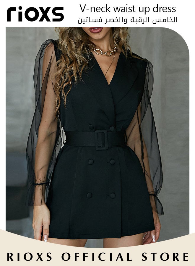 Women's Double-breasted Formal Dress with Mesh Puff Sleeves and Belt, Long Sleeve Blazer Dress, Fashionable A-line Dress with Elegant Chic Style, Suitable for All Daily Wear and Formal Occasions