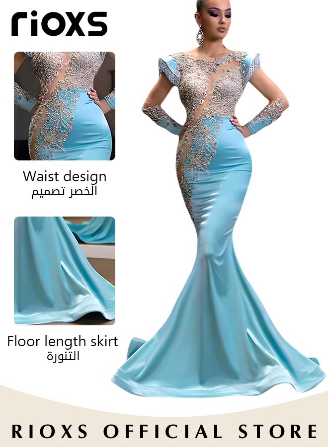 Women's Glitter Stitching Sliming Grown with Shoulder Pads Round Neck Collar High Split Floor-length Prom Dress for Fashion Party