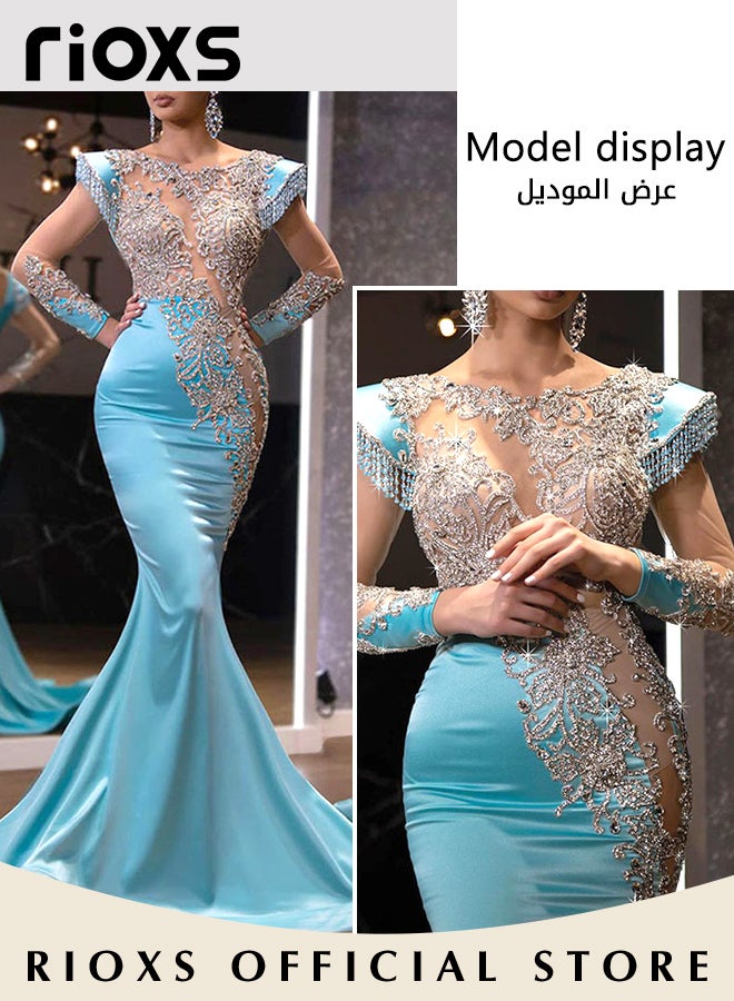 Women's Glitter Stitching Sliming Grown with Shoulder Pads Round Neck Collar High Split Floor-length Prom Dress for Fashion Party