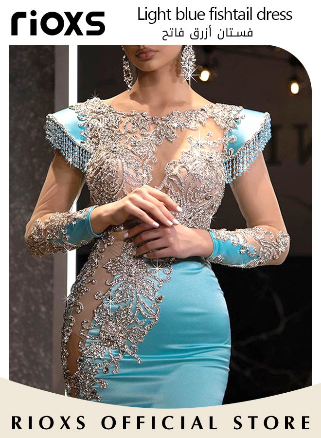 Women's Glitter Stitching Sliming Grown with Shoulder Pads Round Neck Collar High Split Floor-length Prom Dress for Fashion Party