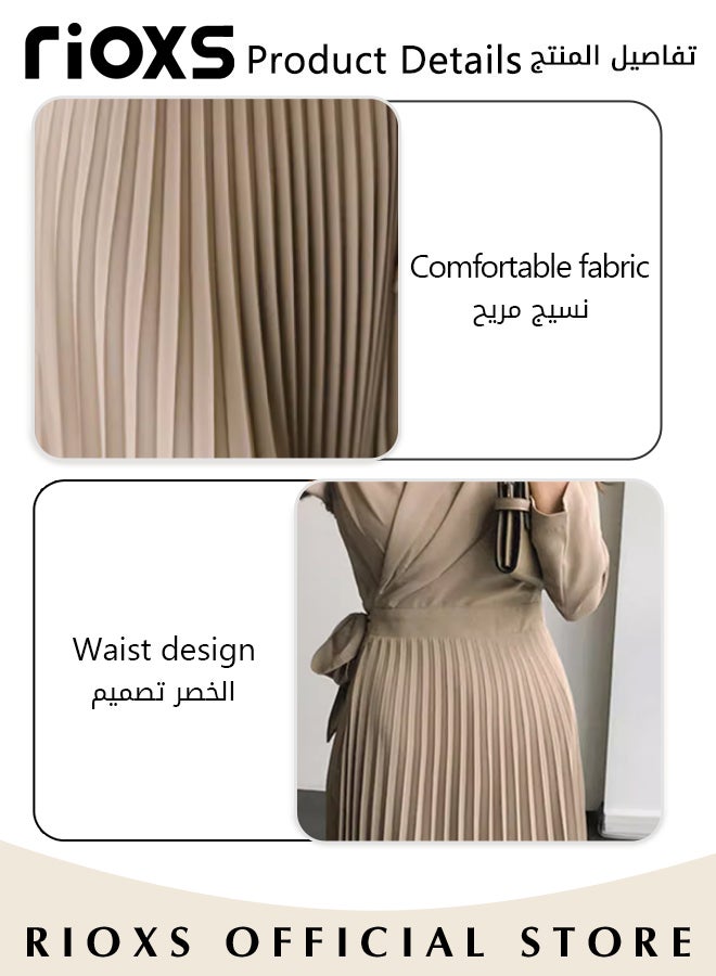 Women's Elegant Fashion Blazer Dress, Waist Belted Ladies Slimming Dress, Pleated Loose Large Swing Dress, Women Swingy Loose Dress For Work Business Meetings Or Daily Wear