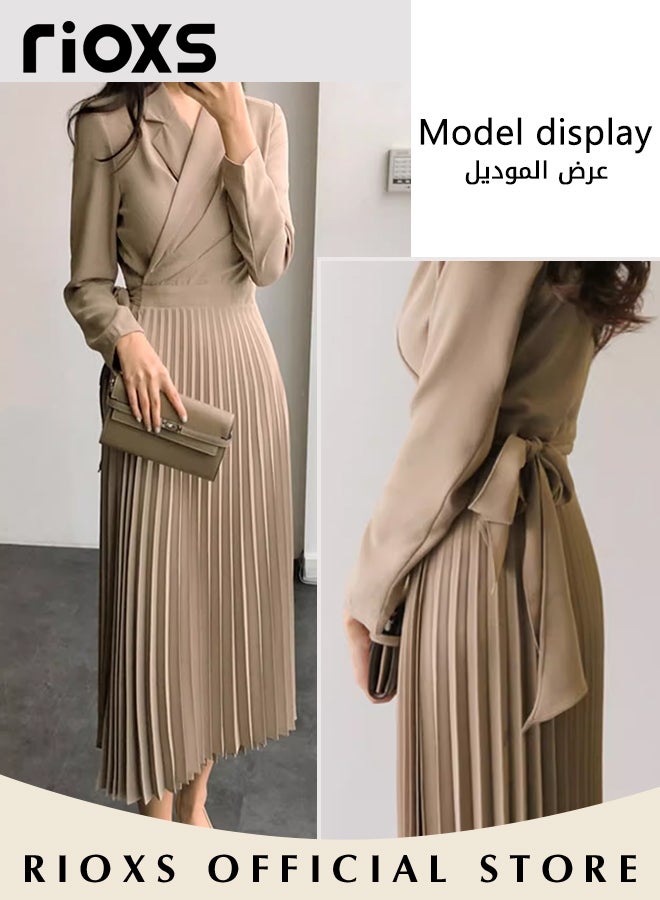 Women's Elegant Fashion Blazer Dress, Waist Belted Ladies Slimming Dress, Pleated Loose Large Swing Dress, Women Swingy Loose Dress For Work Business Meetings Or Daily Wear