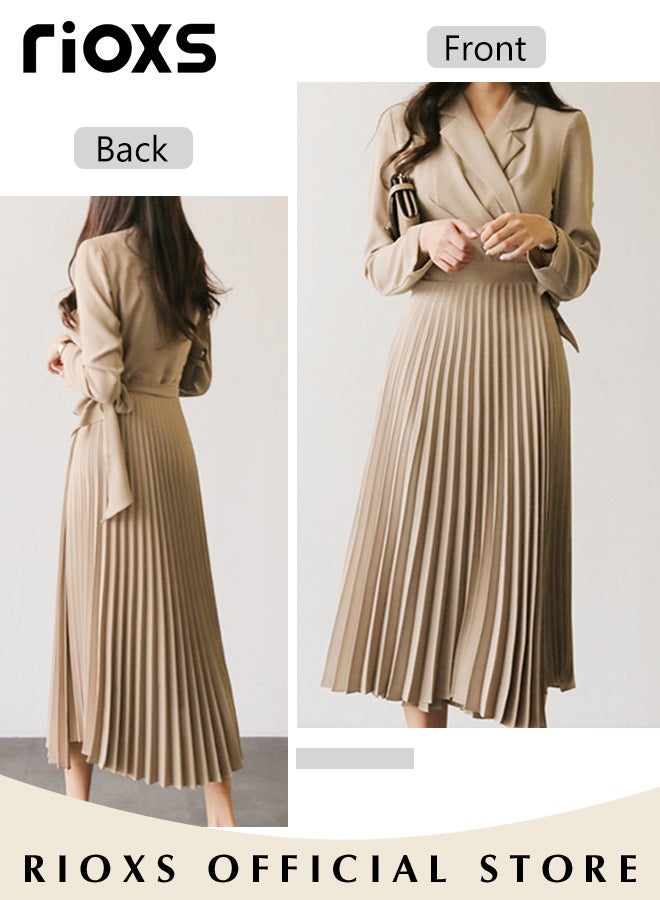 Women's Elegant Fashion Blazer Dress, Waist Belted Ladies Slimming Dress, Pleated Loose Large Swing Dress, Women Swingy Loose Dress For Work Business Meetings Or Daily Wear