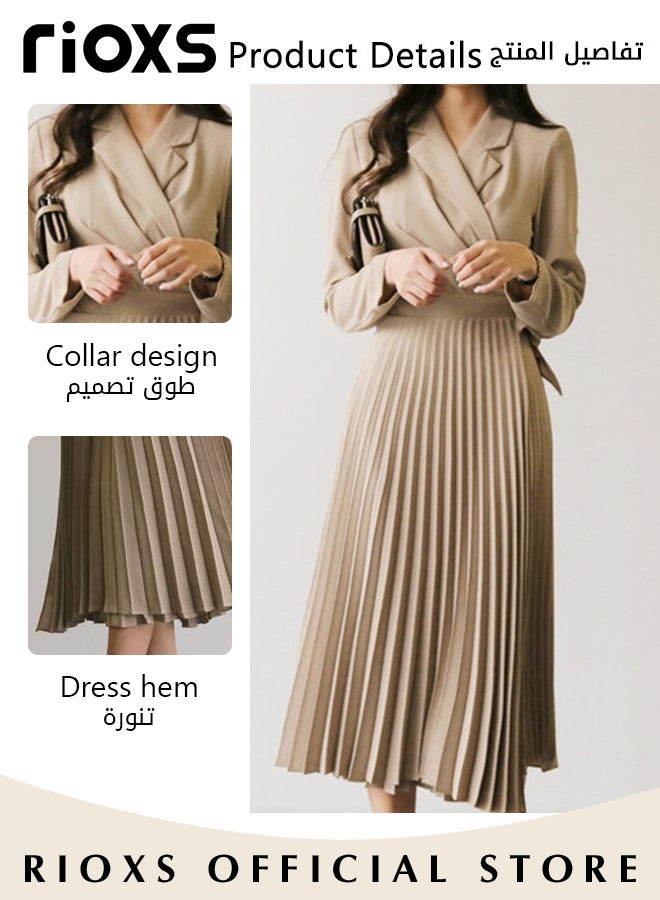 Women's Elegant Fashion Blazer Dress, Waist Belted Ladies Slimming Dress, Pleated Loose Large Swing Dress, Women Swingy Loose Dress For Work Business Meetings Or Daily Wear