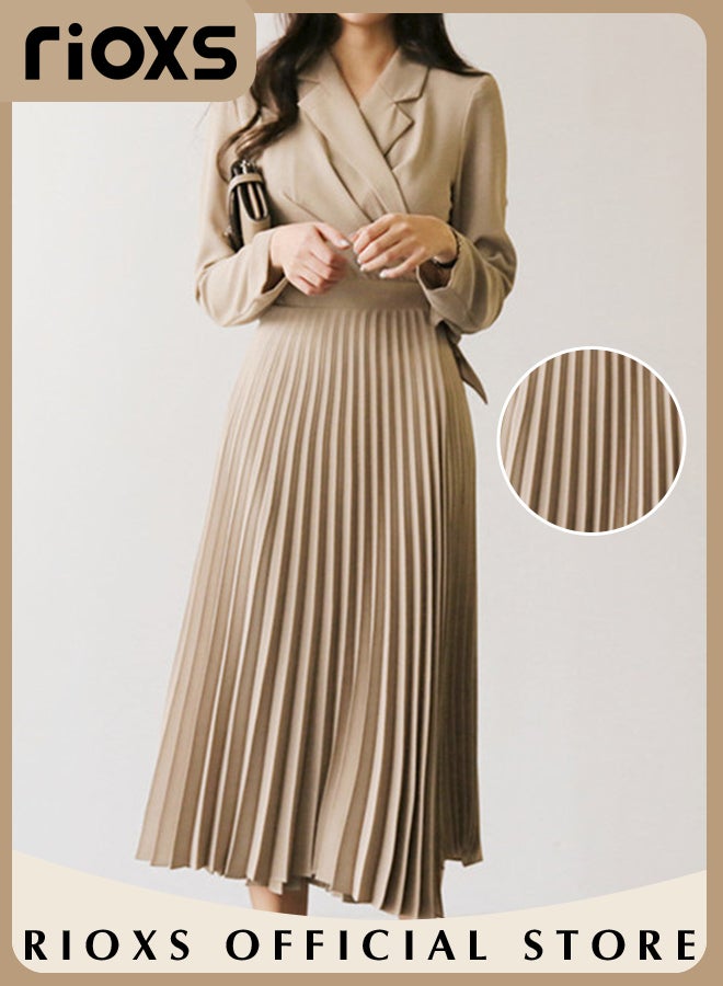 Women's Elegant Fashion Blazer Dress Waist Belted Ladies Slimming Dress Pleated Loose Large Swing Dress for Work Business or Daily Wear