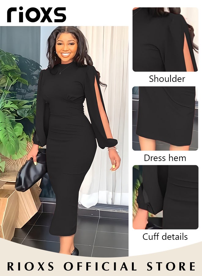 Women's Fashion Solid Colour Pleated Dress Slim Split Sleeve Bodycon Dress Formal Midi Work Pencil Dress